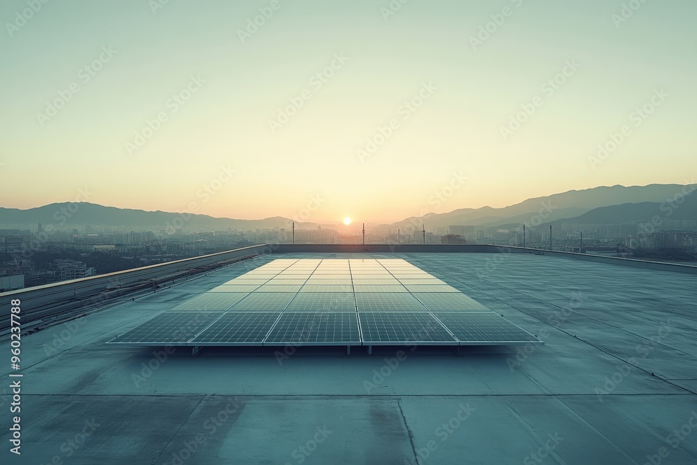 Poster minimal ai-driven solar panel array on a rooftop, soft morning light, abundant empty space for text 