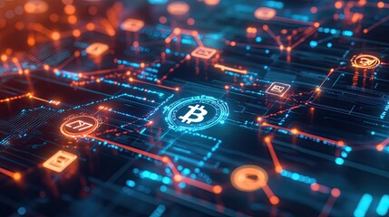 A visual representation of blockchain technology with Bitcoin symbols, showcasing the technical aspects of the cryptocurrency market.