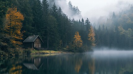 Fototapeta premium A serene forest with a mist-covered lake and a wooden cabin on the shore.