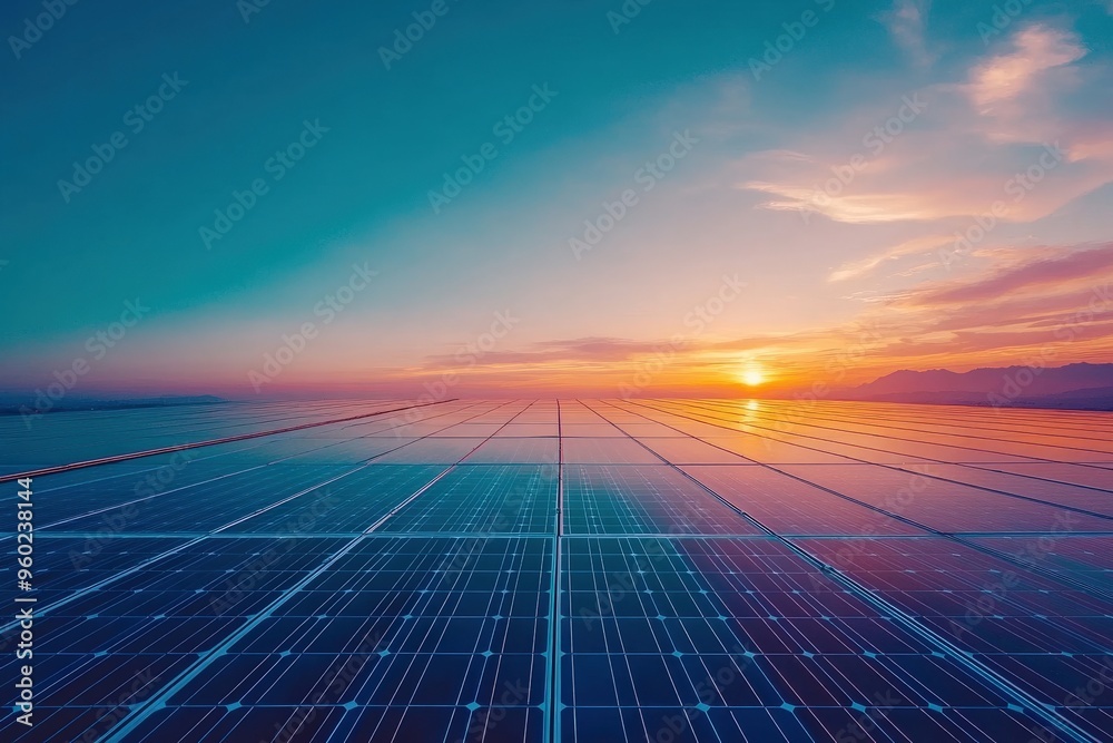 Poster minimal ai-driven solar panel array on a rooftop, soft morning light, abundant empty space for text 