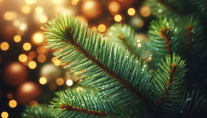A pine tree branch with droplets of water showcasing vibrant green needles. The background features soft blurred bokeh lights in warm tones a festive atmosphere