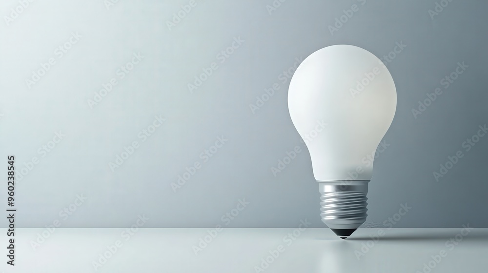 Poster single ai-powered energy-efficient light bulb on a clean white surface, minimal scene with ample bla