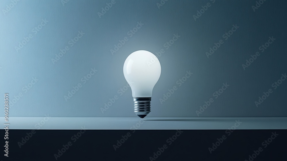 Poster single ai-powered energy-efficient light bulb on a clean white surface, minimal scene with ample bla