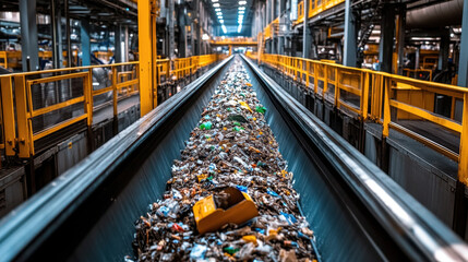 RDF Conveyor Belt,  A conveyor belt moves refuse-derived fuel in a recycling facility, showcasing the active sorting and processing of waste for energy recovery