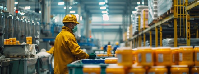 Fototapeta premium Worker in a Factory Processing Packaged Goods