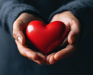 Fototapeta premium Hands gently holding a red heart, symbolizing love, kindness, and compassion. Perfect for themes about care, health, and relationships.