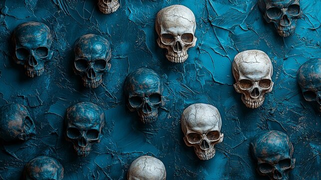 Multiple human skulls are artistically arranged on a textured blue background, creating a macabre yet visually interesting pattern suitable for spooky designs.