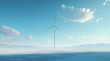 Single AI-driven wind turbine in a clean, sustainable landscape, minimalistic scene with large blank space surrounding, copy space for stock photo with minimal concept, No logo, No Trademark, No text