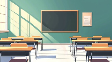 Empty classroom with desks and a chalkboard. Sunlight streams through the window.