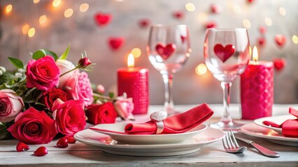 Naklejka premium Festive Valentine's Day table setting with pink and red decor on light background