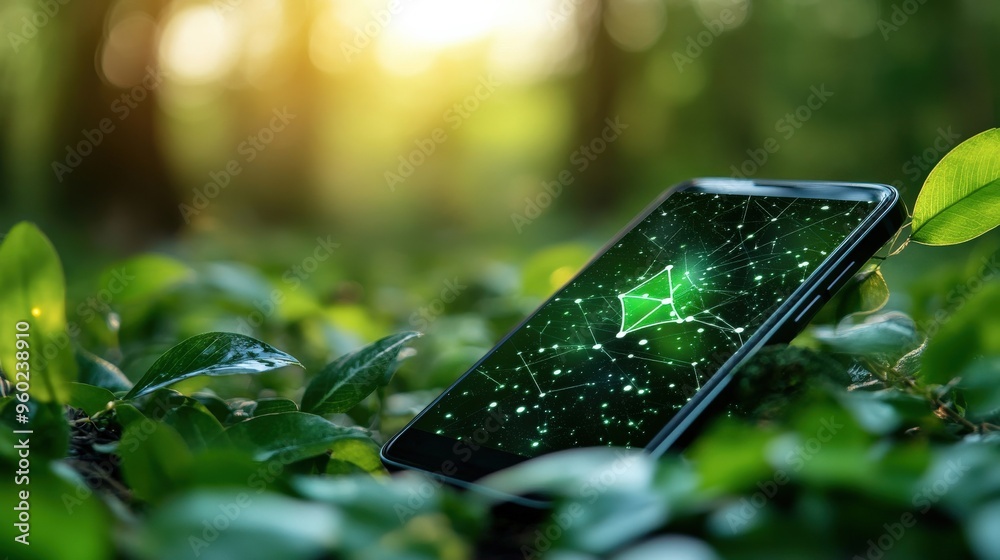 Canvas Prints simple ai-powered app tracking sustainable energy use on a smartphone, minimal scene with large copy