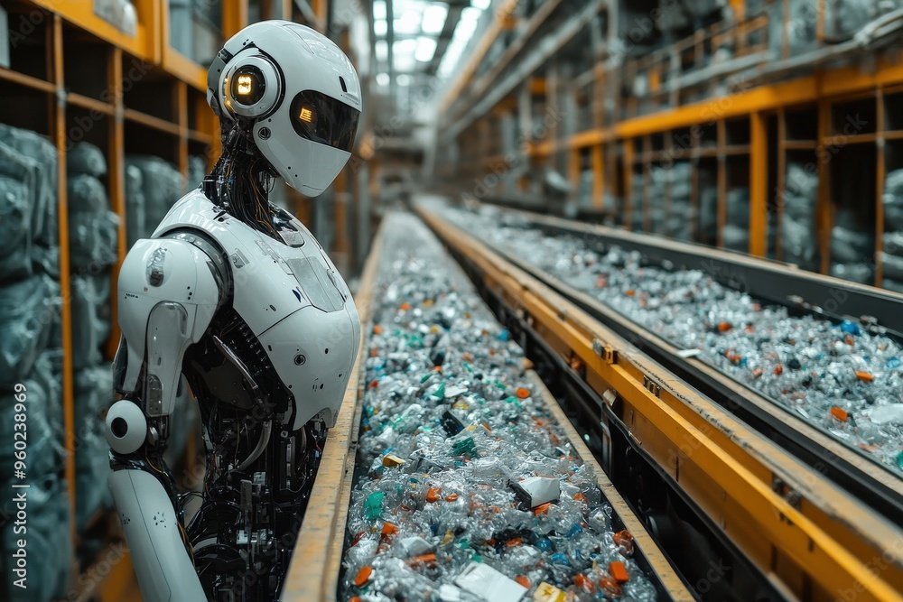 Poster minimal ai-driven recycling robot sorting materials, soft natural light, ample blank space surroundi