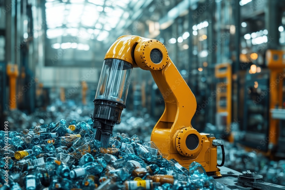 Wall mural minimal ai-driven recycling robot sorting materials, soft natural light, ample blank space surroundi