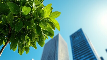 A vibrant green tree contrasts with modern skyscrapers against a clear blue sky, highlighting urban nature's beauty.