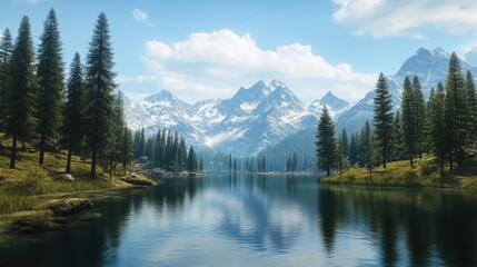 A serene mountain lake surrounded by pine trees and snow-capped peaks.