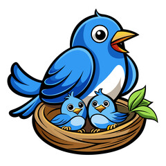 Fototapeta premium Mother blue bird feeding her baby's on nest vector art illustration on white background 