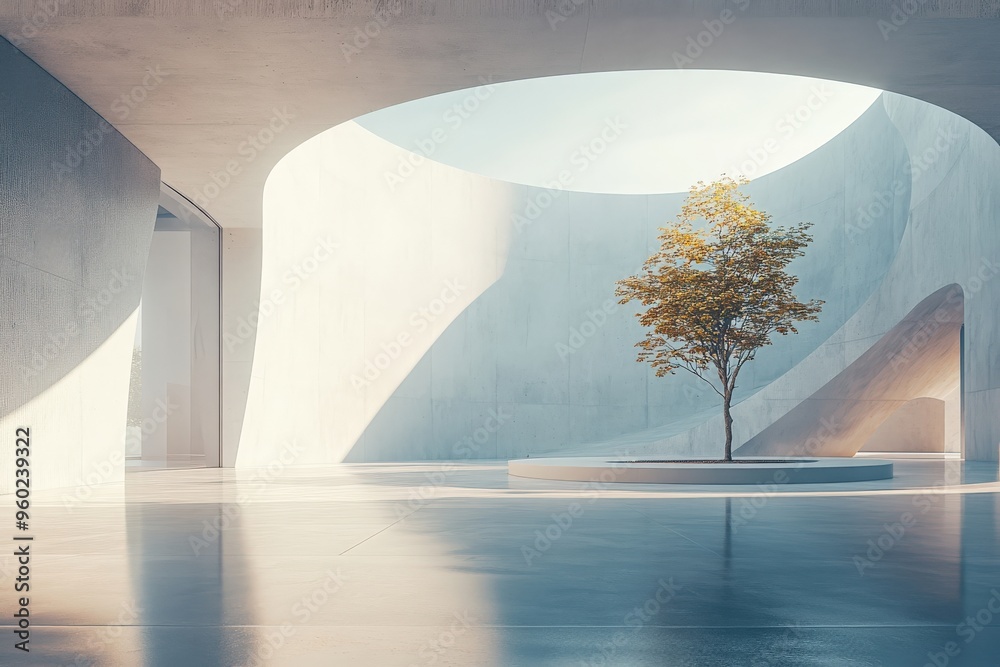 Poster minimal ai-powered building with sustainable architecture, soft light, ample empty space surrounding