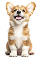 Obraz premium Happy Corgi Puppy, A joyful, 14-week-old Welsh Corgi puppy sitting and winking while panting, isolated on a clean white background