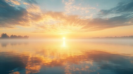 Fototapeta premium A serene sunrise over a tranquil lake, with mist rising from the water.