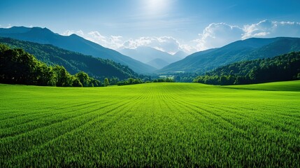 Obraz premium Scenic landscape of lush green field with sunlit mountains and blue sky in the background, ideal for nature and outdoor themes.