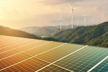 wind turbine with solar panels on top mountain.clean energy.Energy supply,wind turbine,eolic...