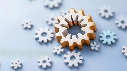 Close-up of a wooden gear surrounded by white gears on a blue background, symbolizing teamwork and machine efficiency.