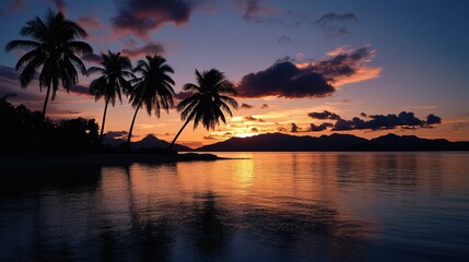 A serene sunset over the Mamanuca Islands with palm trees silhouetted against the sky.