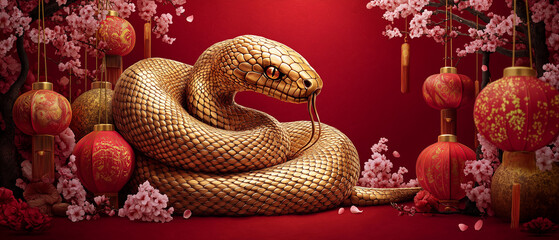Fototapeta premium 3d render illustration, golden snake, new year decorations, cherry blossoms, deep red background, web design concept, Chinese new year
