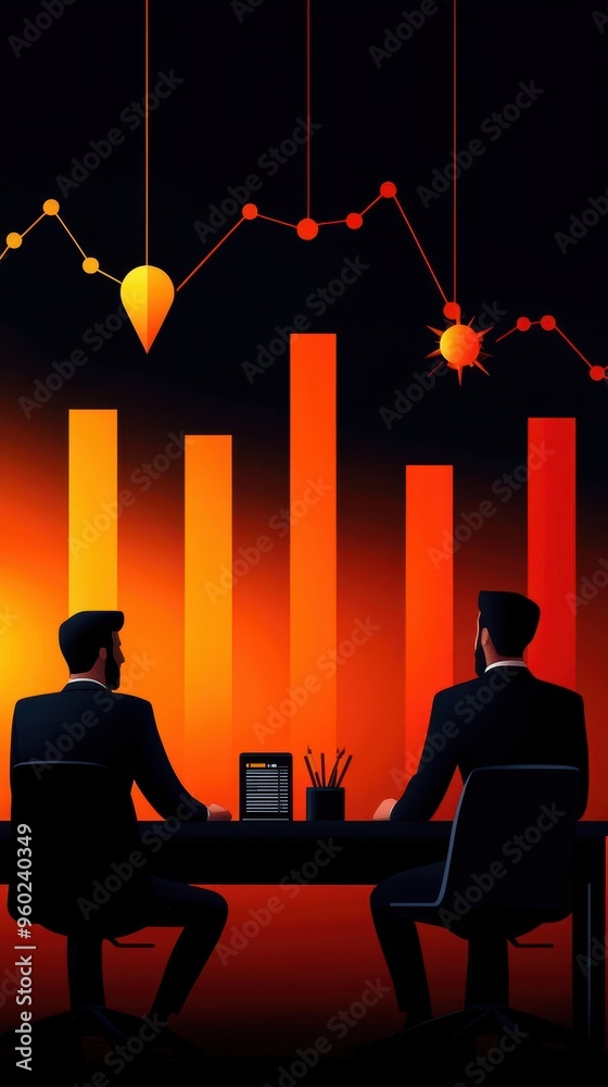 Poster two professionals analyzing financial graphs at a desk, with rising bar and line charts in a dark ba