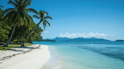 Fototapeta premium A serene view of a beach on the Mamanuca Islands with palm trees and clear skies.
