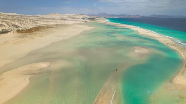 Aerial view of Playa de la Barca and Playa de Sotavento de Jandia, Fuerteventura, Canary islands, Spain
