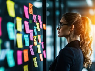 Woman analyzing colorful sticky notes on a glass wall in a modern office. Concept of brainstorming, planning, and productivity.