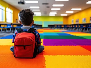Young child sitting on colorful classroom floor with red backpack, looking towards bright and empty room, symbolizing education and learning.