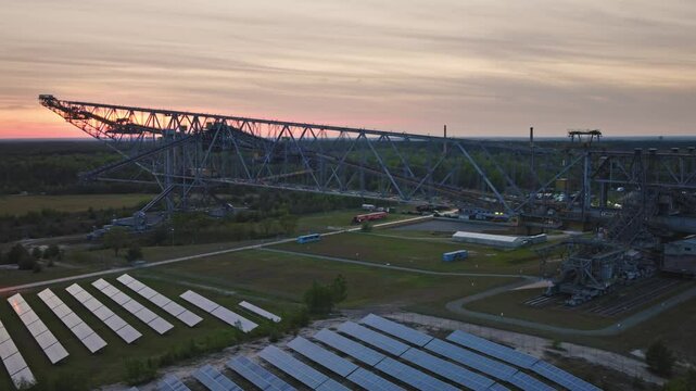 F60 Drone video of a giant excavator bridge silhouetted against a sunset. The sun sets behind the massive structure, highlighting the scale and industrial atmosphere. Drone move right