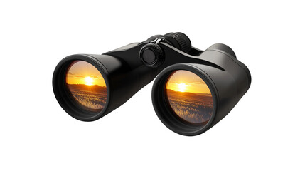 Pair of binoculars with sunrise view isolated on transparent background