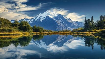 Fototapeta premium A snow-capped mountain peak reflected in a calm alpine lake.