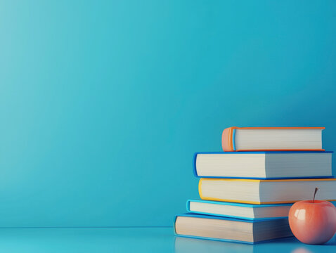Foto realista de una pila de libros y objetos escolares preparados para la vuelta al cole, fondo liso azul,