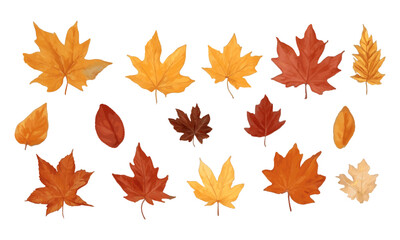 Obraz premium Set of watercolor autumn leaves in shades of orange, yellow, and brown. Perfect for fall themed designs, nature illustrations, and seasonal projects. Ideal for autumn patterns and backgrounds.