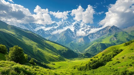 Obraz premium A stunning view of the Caucasus Mountains, with snow-capped peaks and green valleys.