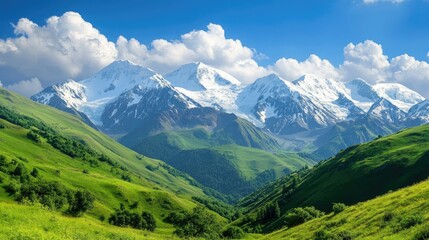 A stunning view of the Caucasus Mountains, with snow-capped peaks and green valleys.