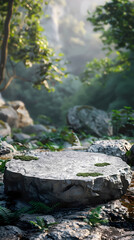 Stone podium on rock platform 3d illustration, product display stand on grey rock pedestal, green forest and blurred background, natural scenery landscape.