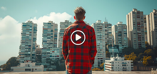 Young man looking at dieselpunk village full of machines and digital art style illustrations High quality photo