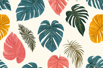 Fototapeta premium Tropical Leaves Coloured Seamless Pattern - Perfect Repeat 