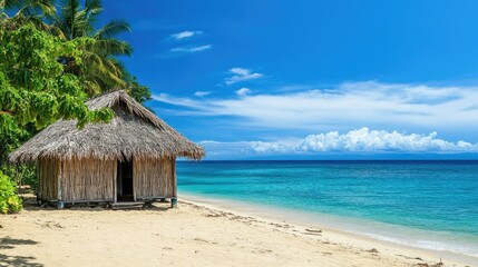 Fototapeta premium A traditional Fijian hut on the beach of a Mamanuca Island, with the ocean in the background.