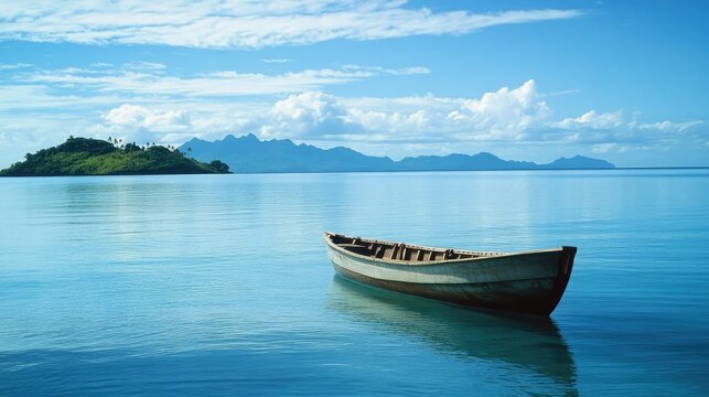 A traditional Fijian canoe on the calm waters of the Mamanuca Islands, with distant islands.