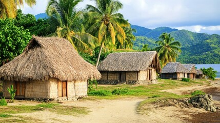 A traditional Fijian village on the Mamanuca Islands with thatched-roof huts.