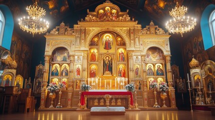 A traditional Russian iconostasis, filled with golden icons and religious symbols.