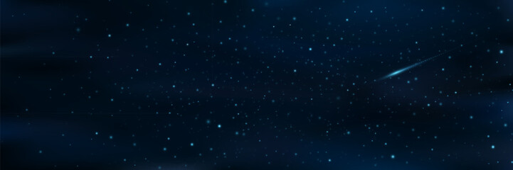 Glowing starry sky with a falling meteorite. Shining stars in the dark sky. Universe background. Vector illustration. EPS 10.