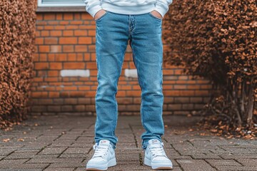 Blue Jeans and White Sneakers in Front of a Brick Wall