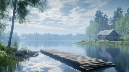 A tranquil Russian lakeside scene with a wooden dock extending into the water.